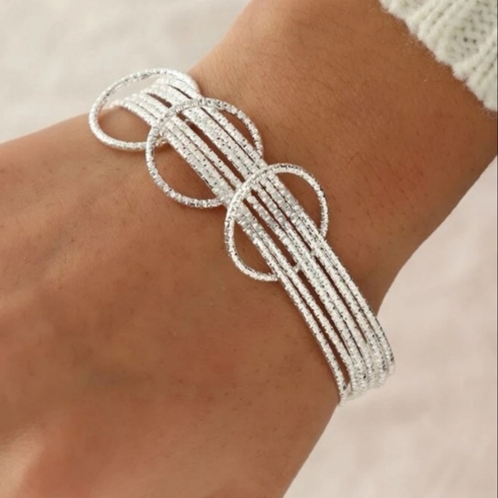 Sparkle Cut Silver Layered Bangle Bracelets